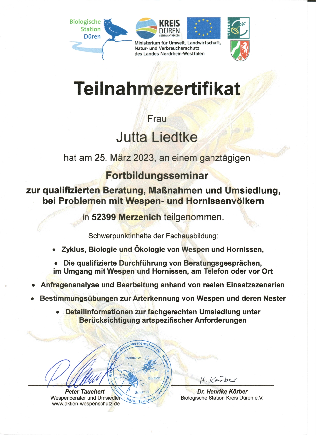 Zertifikat Wespenberater Jutta